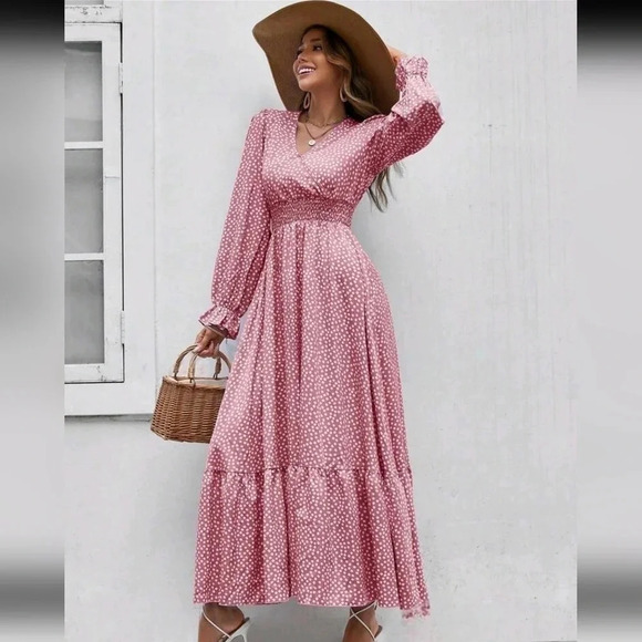 VCAY Ditsy Floral Print Flounce Sleeve Ruffle Hem Dress - Picture 3 of 4